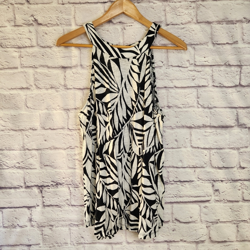 Nicole Miller New York Tropical Linen Blend Halter Top Black Ivory Womens 2X